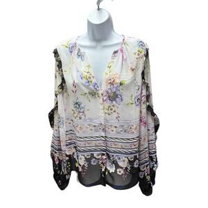 WHBM Shear Floral Long Sleeve Ruffle Blouse Medium